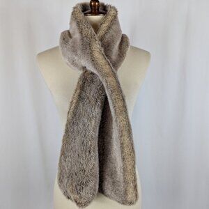 Restoration Hardware Gray Tan Faux Fur Pull Through Crossover Scarf Collar 55"